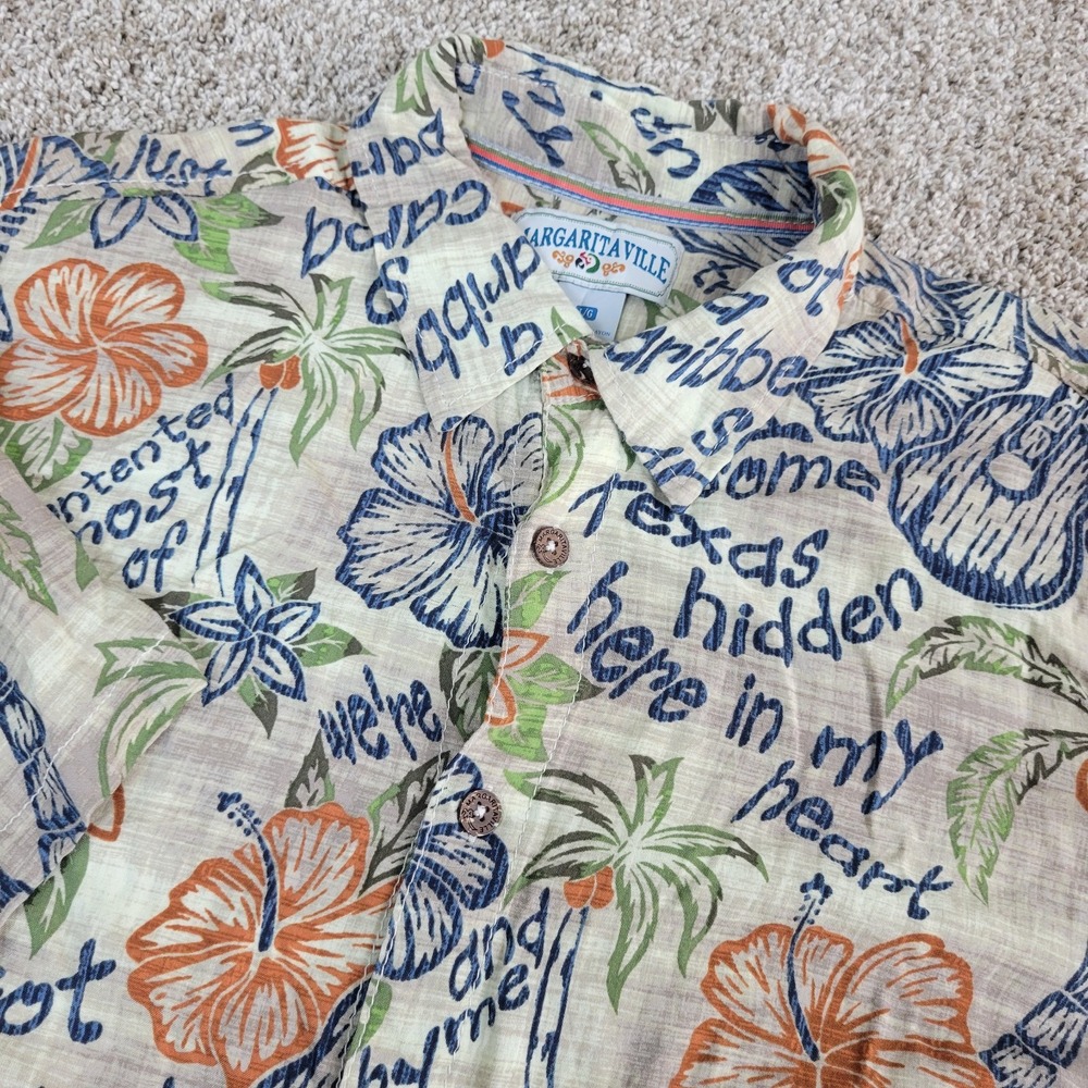 Margartiaville Mens Large Multicolor AOP Floral Text Button Up SS 100% Rayon